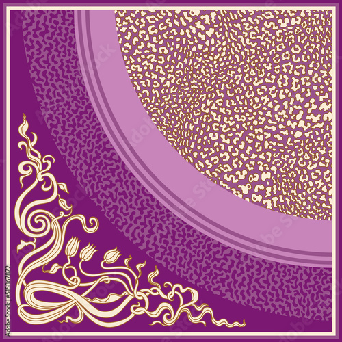 Purple shawl with Art Nouveau floral corner decor, leopard skin pattern. Scarf, bandana print, pocket square range, handkerchief, carpet 