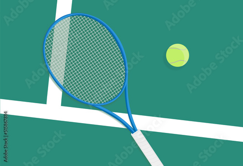 Tennis. Spring sport composition with yellow tennis ball and racket on a green background of tennis court with copy space. Sport and healthy lifestyle. concept of outdoor game sports. Flat lay