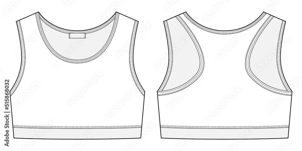 Girl sports bra technical sketch illustration. Women's yoga underwear design  template. Stock Vector