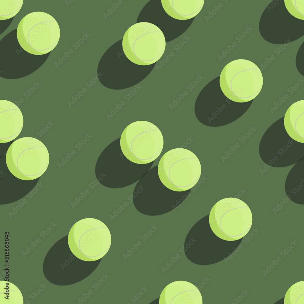 Vector seamless pattern with 3D yellow tennis ball on green background. Pattern for fabric, textile, sport equipment, goods, accesories, wrapping paper.