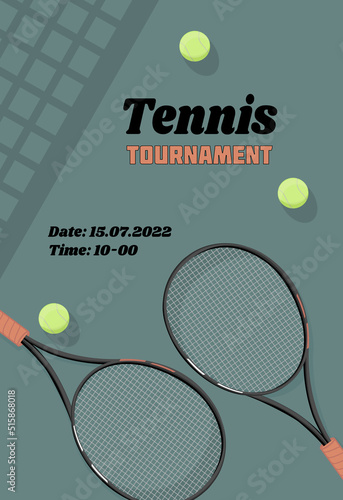 Vertical Tennis Championship and Tournament Poster. Indoor, outdoor, blue, racket, court. Close up. Flat, simple, retro style. Vector template