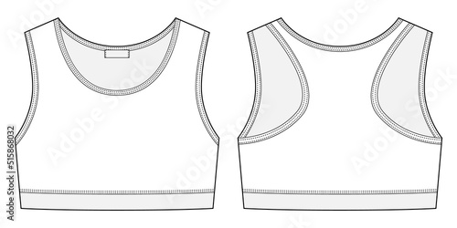 Girl sports bra technical sketch illustration. Women's yoga underwear design template.
