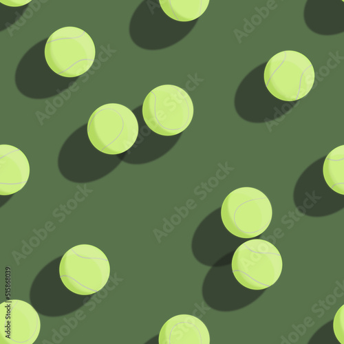 Vector seamless pattern with 3D yellow tennis ball on green background. Pattern for fabric, textile, sport equipment, goods, accesories, wrapping paper. © I_love_life