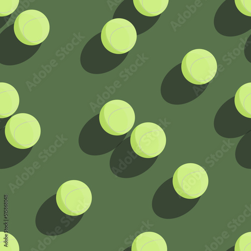Vector seamless pattern with 3D yellow tennis ball on green background. Pattern for fabric, textile, sport equipment, goods, accesories, wrapping paper. © I_love_life