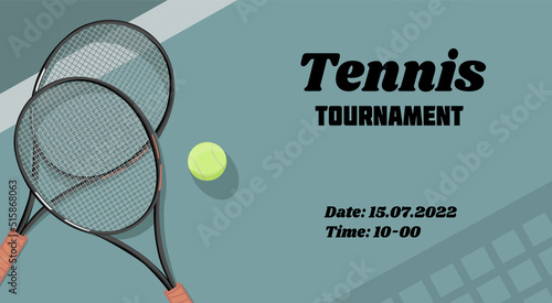 Vertical Tennis Championship and Tournament Poster. Indoor, outdoor, navy blue, racket, court. Close up. Flat, simple, retro style. Vector template