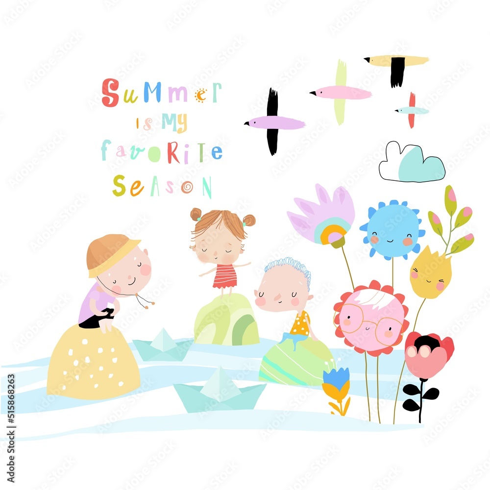 Happy Children playing with Paper Boats. Hello Summer Happy Children playing with Paper Boats. Hello Summer