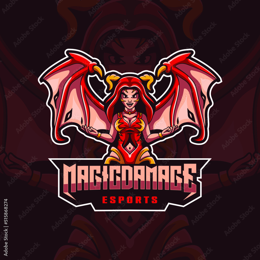 Magic damage logo illustration with devil-winged woman, Suitable for sports logos, T-shirt designs and product identities, etc. character logos.
