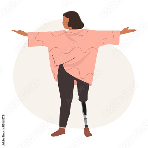Disabled girl doing yoga, living full life. People with Disabilities, Prosthesis, amputation, Inclusion. Vector illustration.