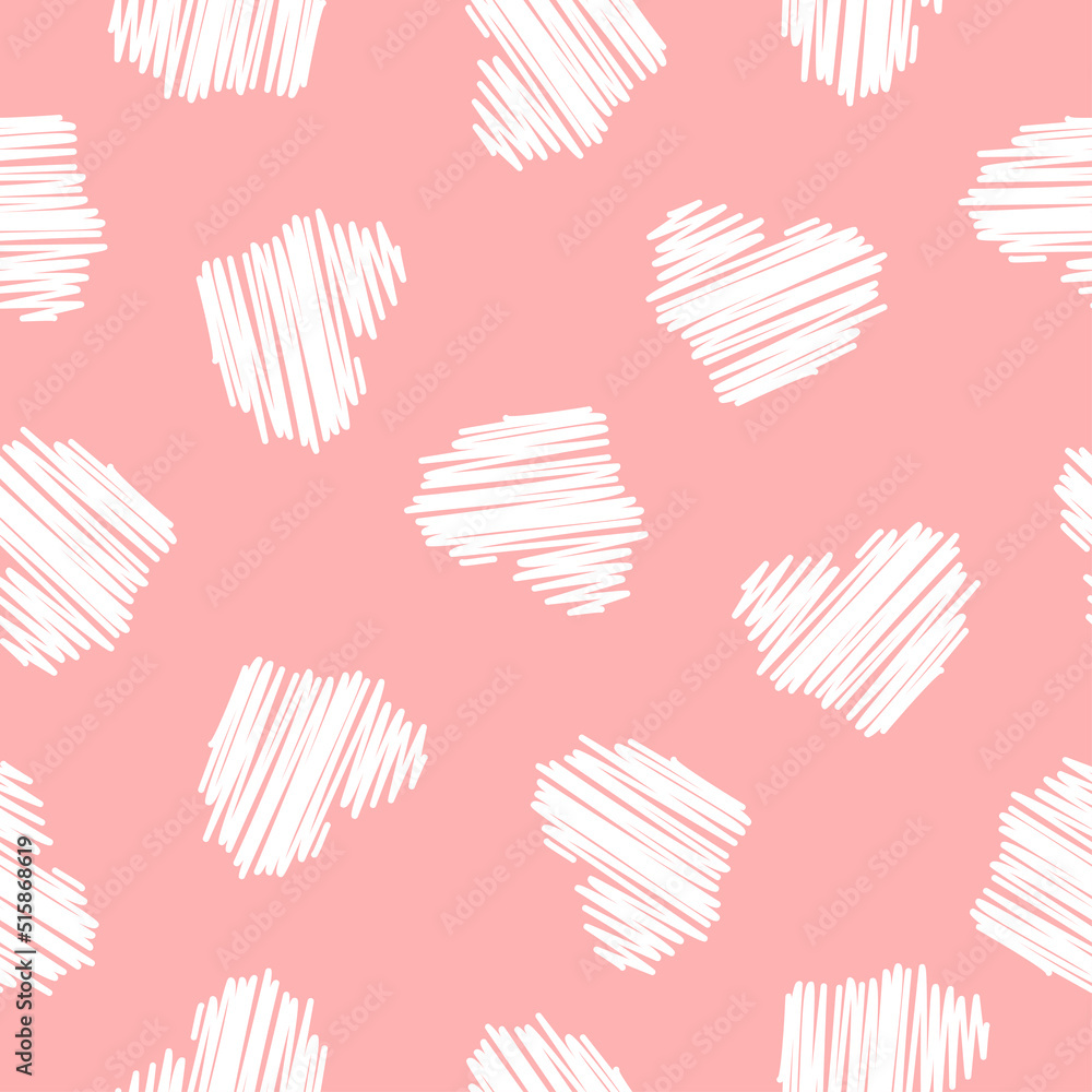 Pink seamless pattern with white hand drawn hearts. Pink seamless pattern with white hand drawn hearts.