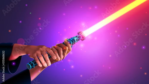 Red light saber or sword in hand knig. Cosplay party poster. Warrior in a dark hoodie holds the hilt of a laser sword with both hands and hit. Steel chrome lightsaber close-up. Cosplay festival banner