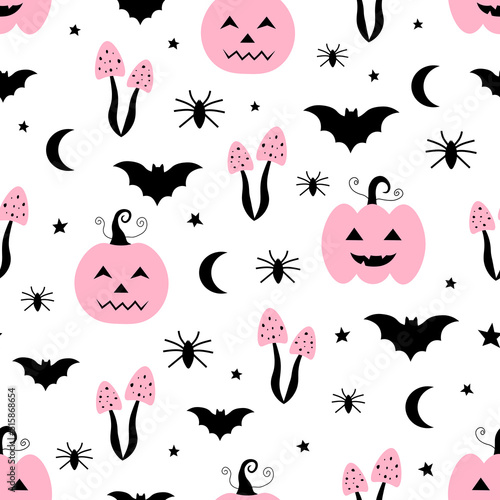 Seamless pattern pink pumpkin Halloween vector illustration