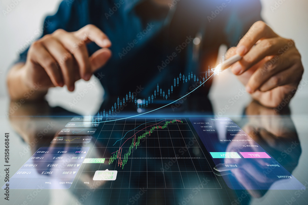 Business virtual screen graph chart digital technology and trader online trading investment in stock market for cryptocurrency money and bitcoins using data in blockchain. 3D illustration. Business virtual screen graph chart digital technology and trader online trading investment in stock market for cryptocurrency money and bitcoins using data in blockchain. 3D illustration.