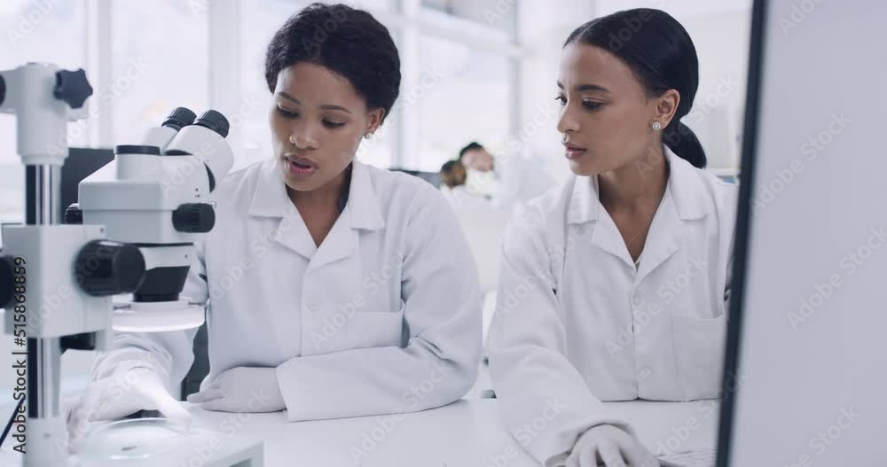 Two medical scientists discussing a virus sample, sitting inside a research facility. Specialists enter data into a computer system and analyze a cell on a petri dish to develop a cure or vaccine Two medical scientists discussing a virus sample, sitting inside a research facility. Specialists enter data into a computer system and analyze a cell on a petri dish to develop a cure or vaccine