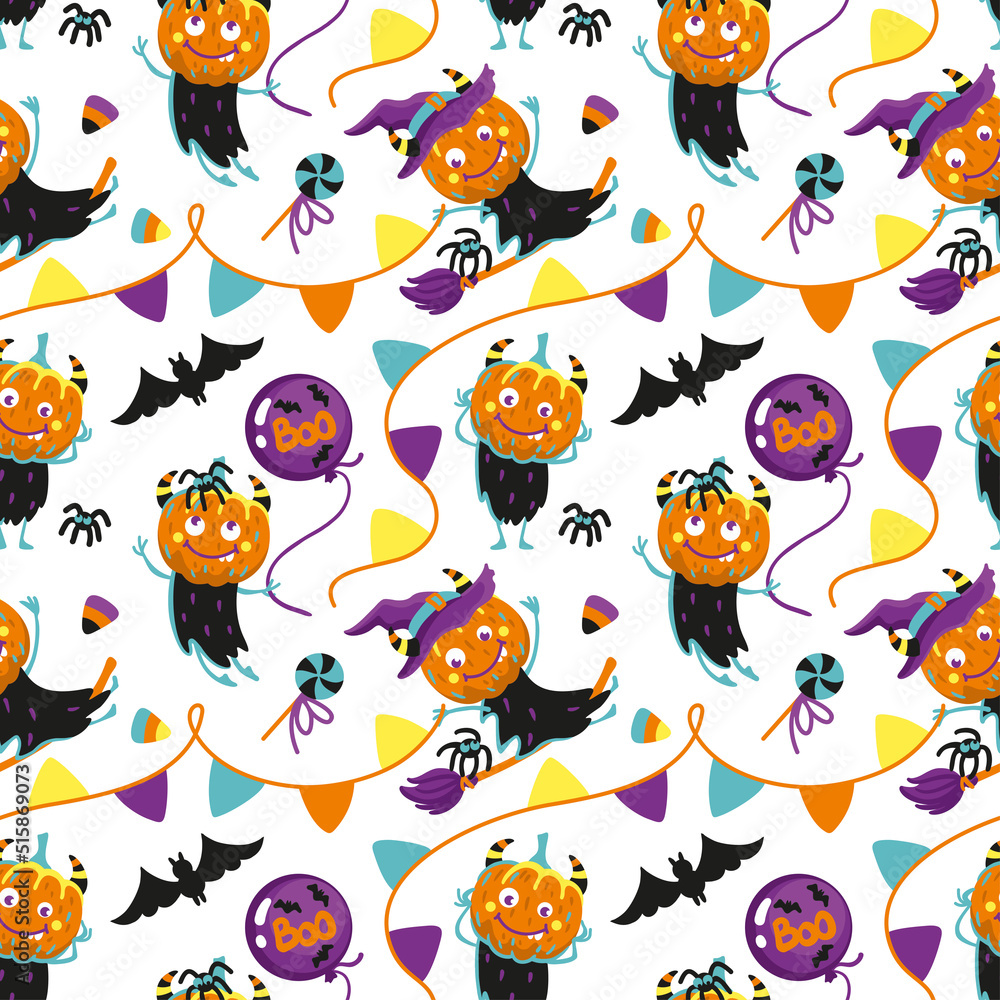 Fototapeta premium Funny monster pumpkin. Kids print for halloween. Seamless pattern for fabric, wrapping, textile, wallpaper, clothes. Vector.