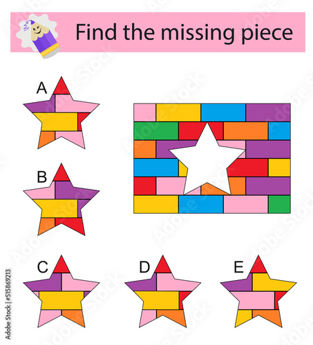 Logic puzzle for kids. Find the missing piece. Children activity page. Vector illustration. Answer is D