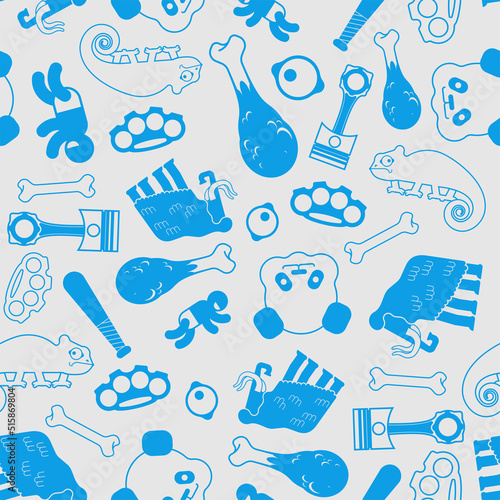 Multi pattern seamless. Piston and mammoth background. Skull and brass knuckles texture. Fashionable youth ornament