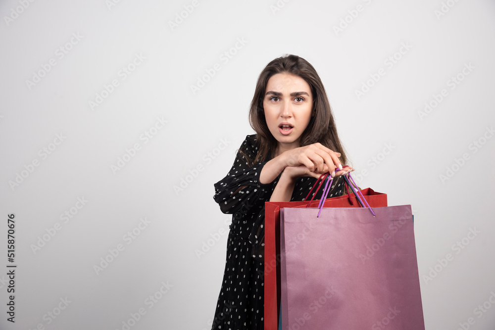 Young woman model carrying a lot of shopping bags on a white background Young woman model carrying a lot of shopping bags on a white background