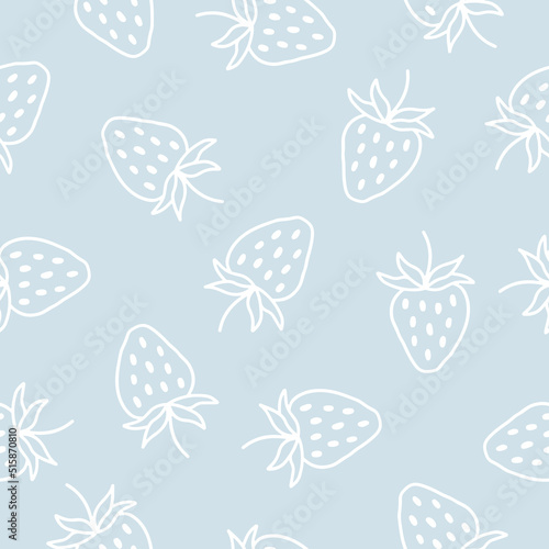 Blue seamless pattern with hand drawn strawberries