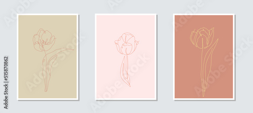 Set of 3 one single line drawing tulip flowers on an earthy background card template