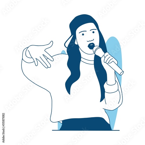 flat style vector illustration beautiful Girl Rapper hold microphone with hat