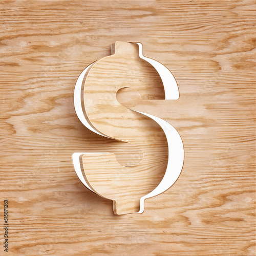 Wooden cut out and rotated Dollar symbol. Design suitable for rustic, natural, ecological or sustainability concepts. High quality 3D rendering. photo