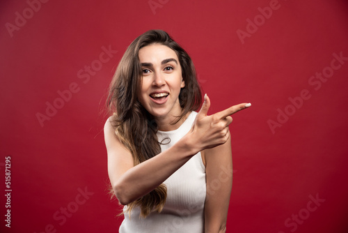 Young pretty brunette woman model posing on a red background