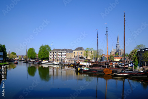 GOUDA, NETHERLANDS - Panorama of historic ships and lock in the harbor of Gouda, Netherlands