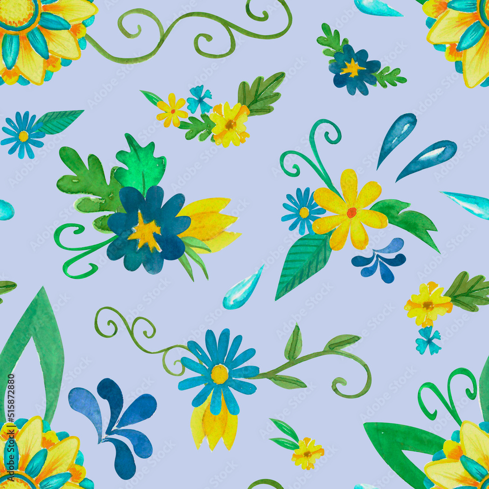 Watercolor seamless botanical pattern. Spring elegant flower illustration. Hand-drawn floral art with blue and yellow flowers, green leaves for textile and fabric at purple background.