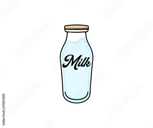 Glass retro milk bottle, dairy, food and drink, logo design. Meal, drinking, milk farm and dairy factory, vector design and illustration