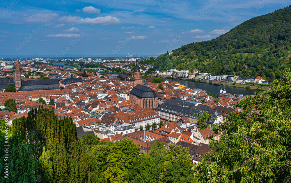 View of the old town of Heidelberg with the Holy Spirit Church, Jesuit Church and the river Neckar. Baden Wuerttemberg, Germany, Europe