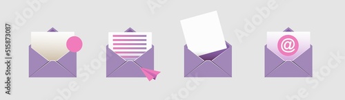 open mail envelope icon set with marker new message
 isolated on grey background. Render email notification
 with letters, check mark, paper plane and magnifying glass.
 realistic vector