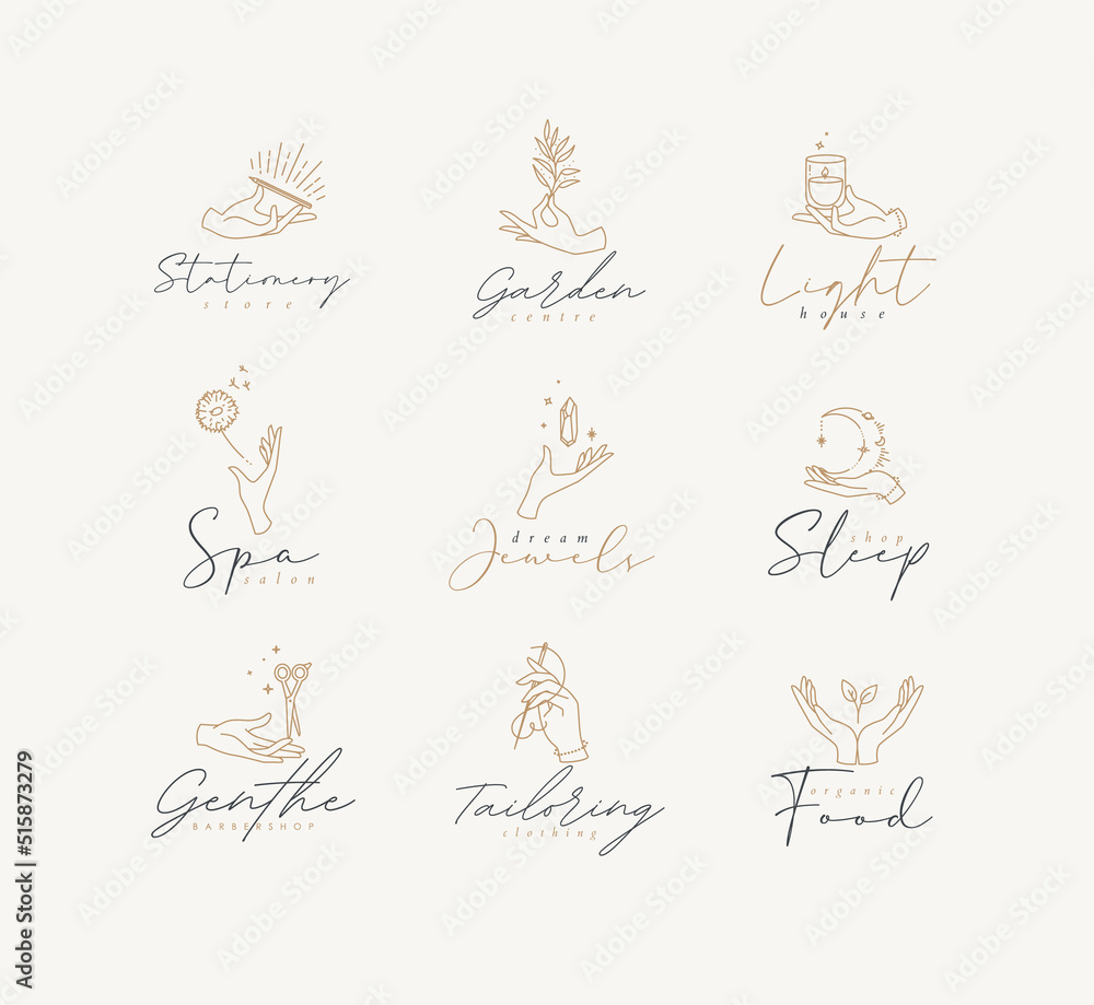 Hand symbol templates pen, branch, candle, dandelion, crystal, moon, scissors, needle, leaf in modern line style drawing on beige background