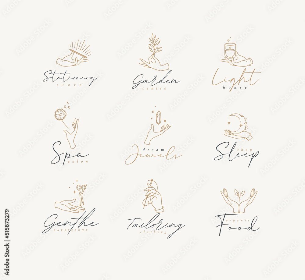 Hand symbol templates pen, branch, candle, dandelion, crystal, moon, scissors, needle, leaf in modern line style drawing on beige background Hand symbol templates pen, branch, candle, dandelion, crystal, moon, scissors, needle, leaf in modern line style drawing on beige background