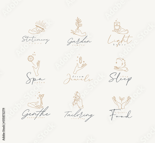 Hand symbol templates pen, branch, candle, dandelion, crystal, moon, scissors, needle, leaf in modern line style drawing on beige background