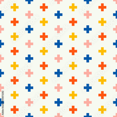 White seamless pattern with colorful crosses.