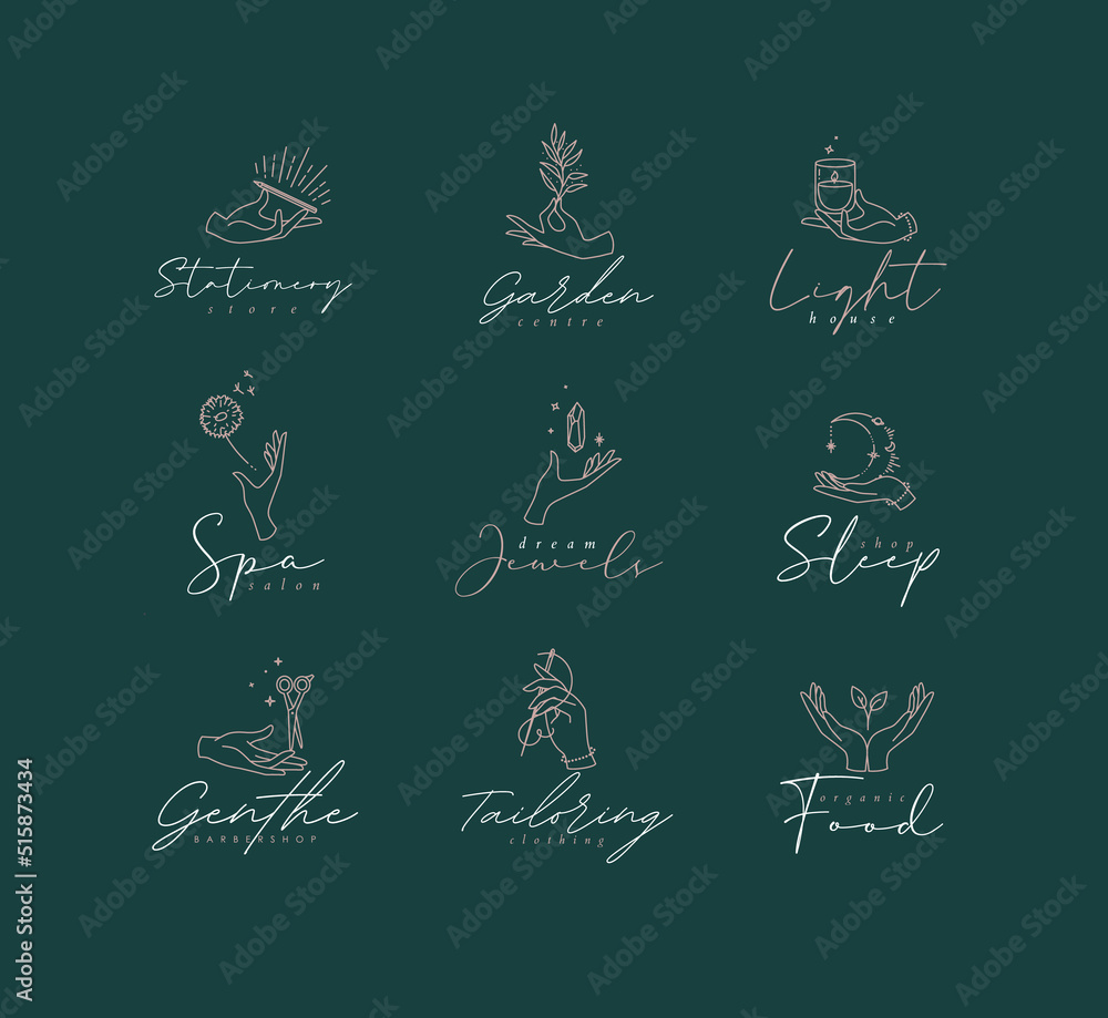 Hand symbol templates pen, branch, candle, dandelion, crystal, moon, scissors, needle, leaf in modern line style drawing on green background