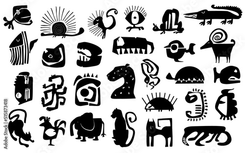 abstract tribal weird animals and beasts cut out silhouettes graphic set, isolated vector illustration
