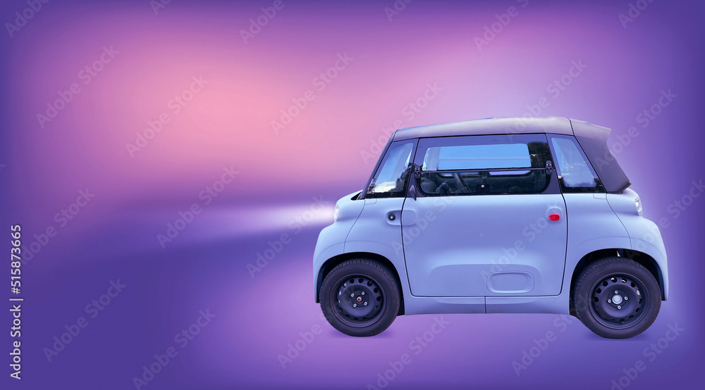 Simply design with blue small car isolated on gradient colorful background