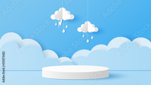 Paper cut of white cylinder podium for products display presentation with clouds, raindrops and lightning. Vector illustration