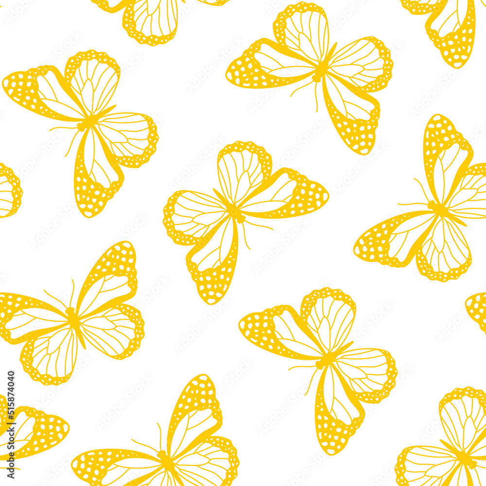 Obraz premium Seamless pattern with yellow butteflies and white background.
