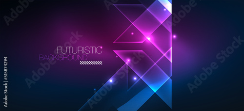 Background neon glowing lines and geometric shapes. Lights in the dark wallpaper for concept of AI technology, blockchain, digital, communication, 5G, science