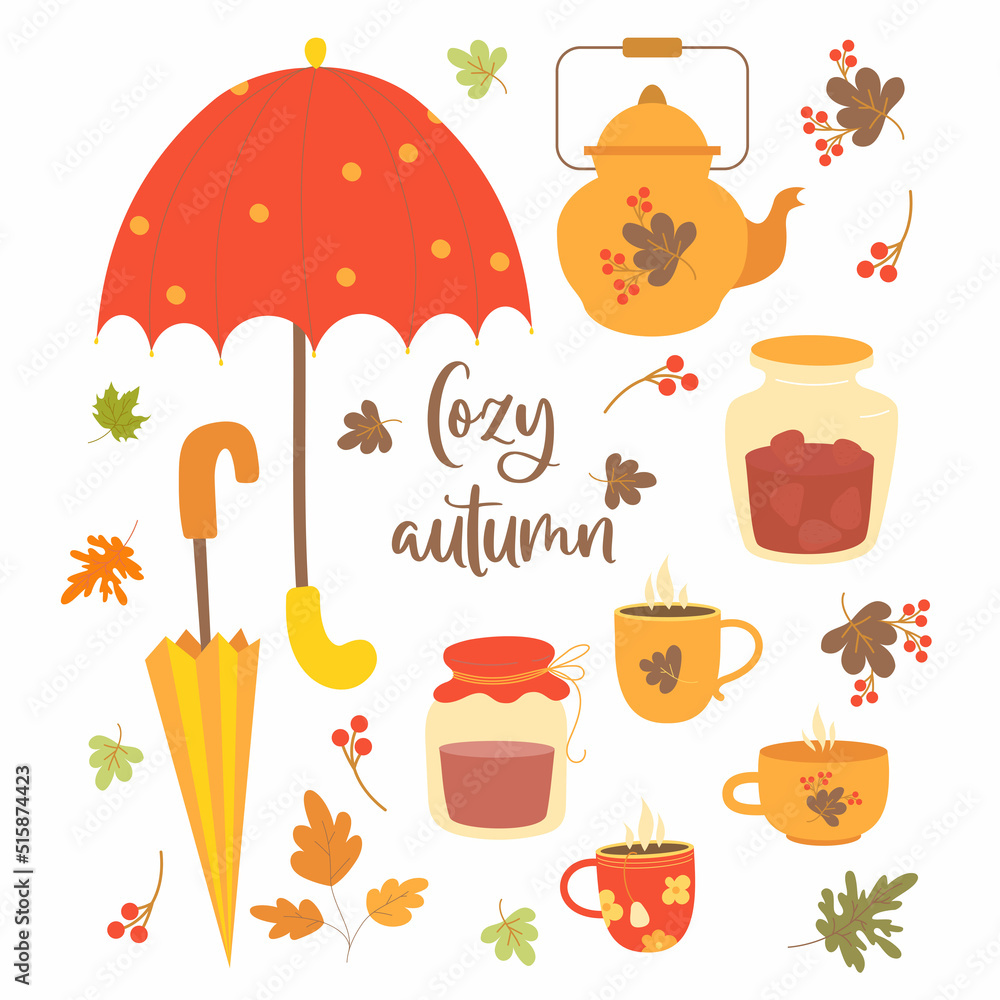Cozy autumn. Delicious strawberry jam in jar, teapot, cups and hot tea, umbrella and autumn leaves. Vector illustration. isolated elements for fall design and decor, cards and printing . Cozy autumn. Delicious strawberry jam in jar, teapot, cups and hot tea, umbrella and autumn leaves. Vector illustration. isolated elements for fall design and decor, cards and printing .