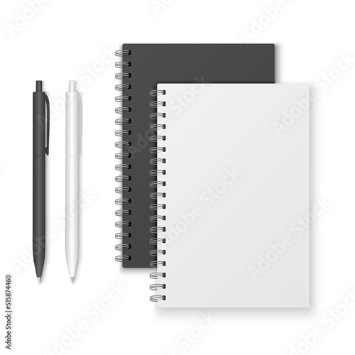 Mockup blank closed notebook with pen. Template spiral copybook or organizer.
