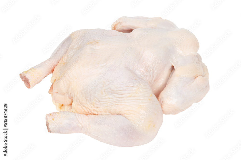 Fresh chicken meat on a white background, whole carcass.