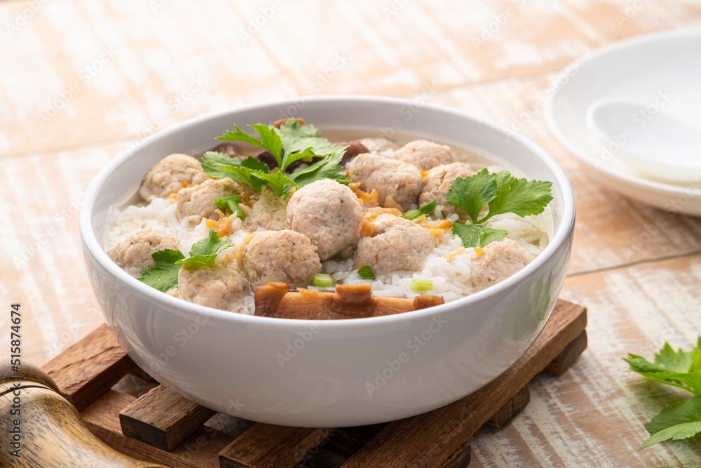 Boiled rice with chicken meatballs,Thai rice soup,Asian breakfast style Boiled rice with chicken meatballs,Thai rice soup,Asian breakfast style