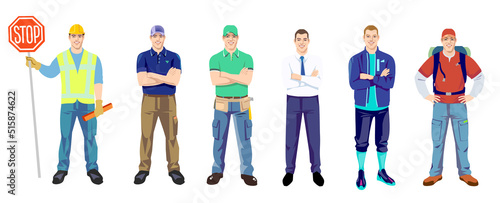 Young man in different wear, different professional activity. Outfit depending on the profession. Vector illustration.