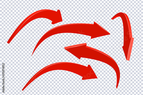 Abstract Curved Red Arrows. Market movements creative concept charts, infographics.Red curve arrow of trend. Trading stock news impulses. Realistic 3d vector design