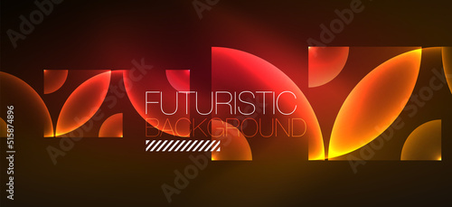 Shiny neon geometric abstract background. Glowing lights on round shapes, triangles and circles. Wallpaper for concept of AI technology, blockchain, communication, 5G, science, business