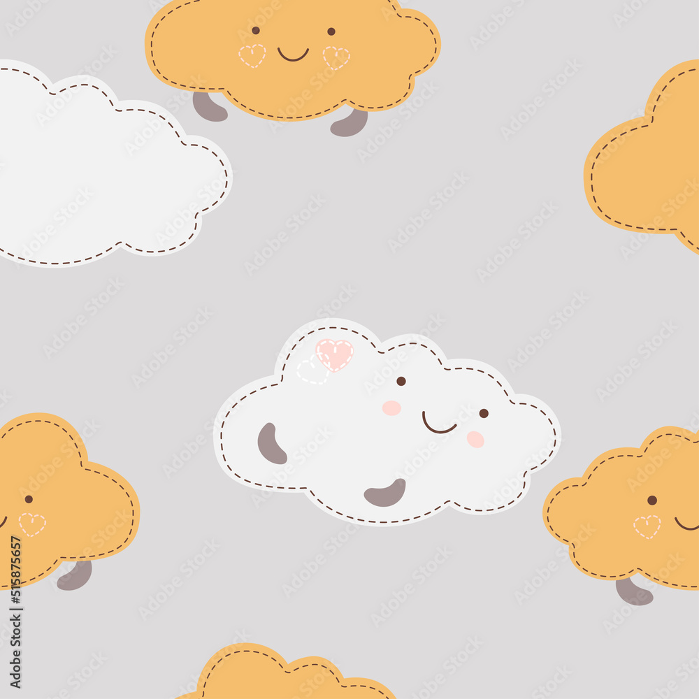 Cute smiling clouds. Seamless childlike pattern with clouds in ...
