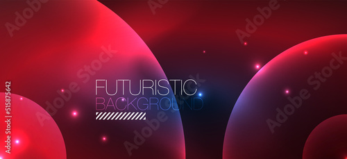 Shiny neon geometric abstract background. Glowing lights on round shapes, triangles and circles. Wallpaper for concept of AI technology, blockchain, communication, 5G, science, business